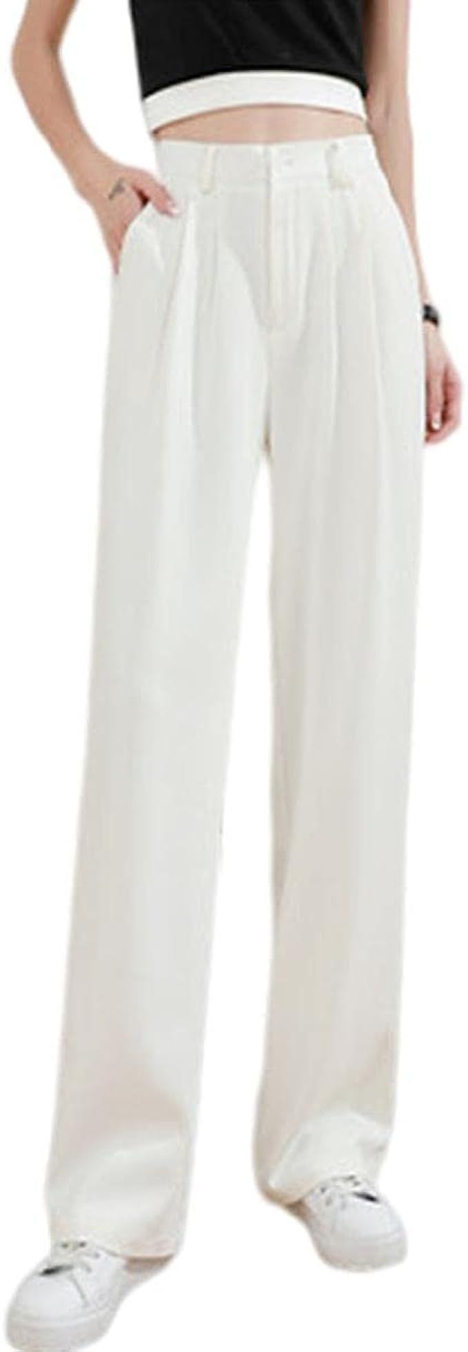 Women's Casual High Waist Solid Color Suit Pant Button Wide Leg Long Trousers | Amazon (US)