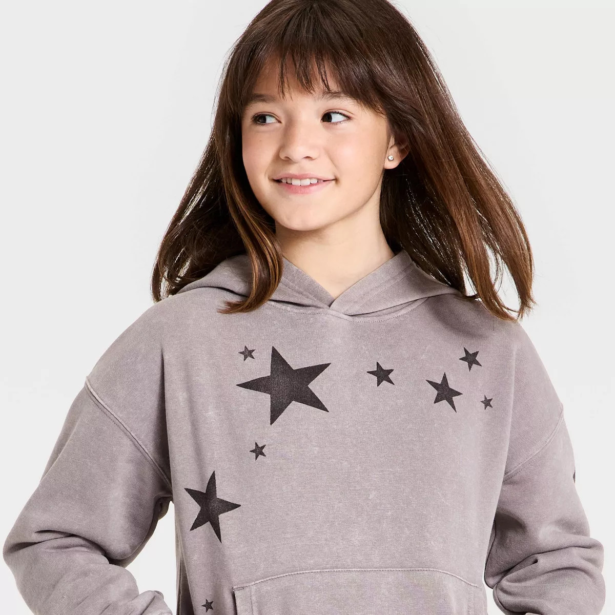 Girls' Stars Mineral Wash Hooded Graphic Sweatshirt - Gray M | Target