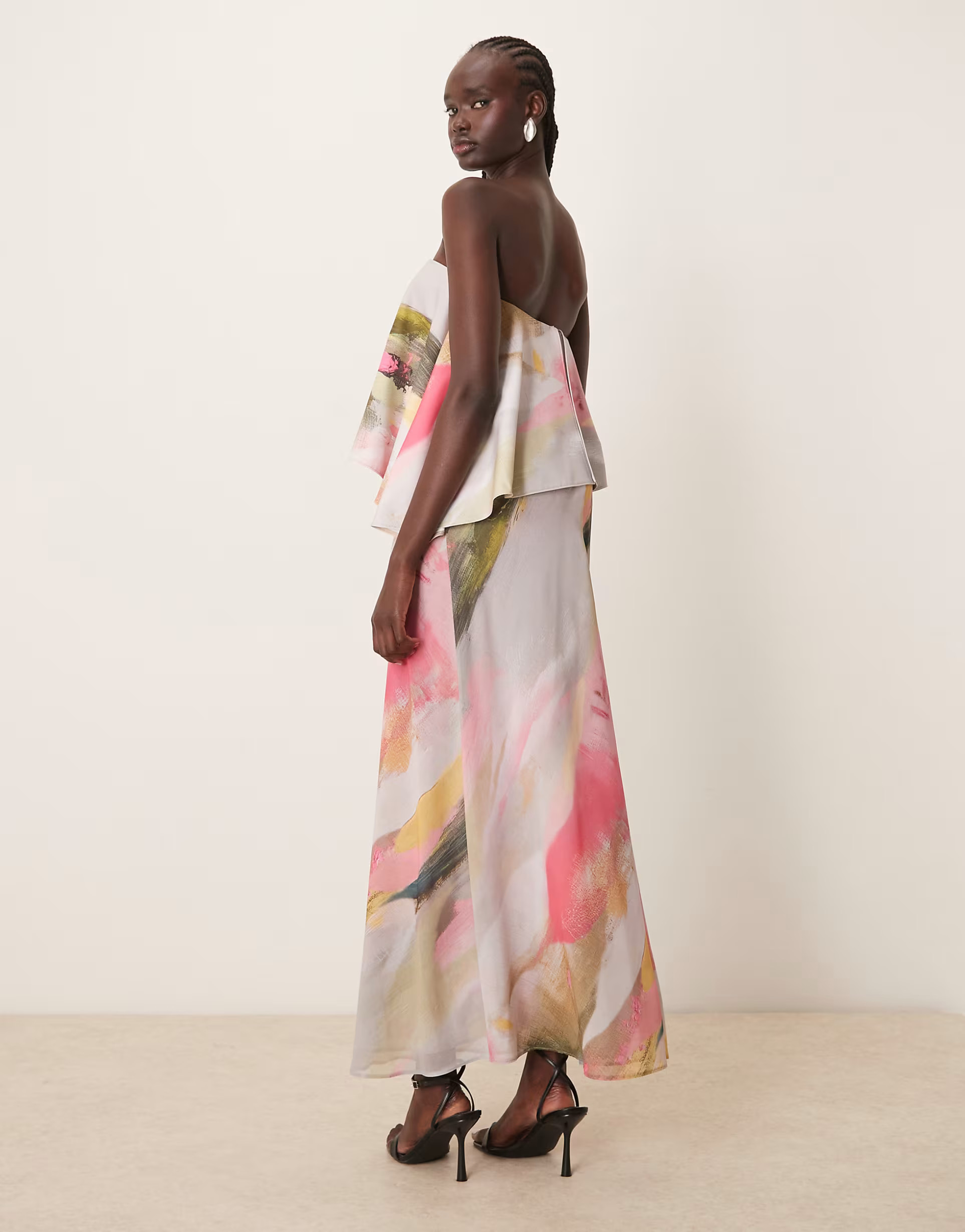 ASOS DESIGN bandeau asymmetric contrast fabric bias cut maxi dress in brushstroke print | ASOS (Global)