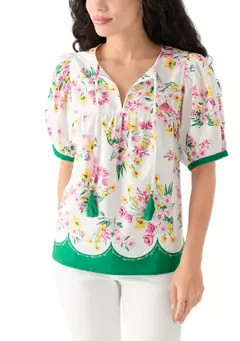 Crown & Ivy™ Women's Puff Sleeve Tassel Neck Printed Top | Belk