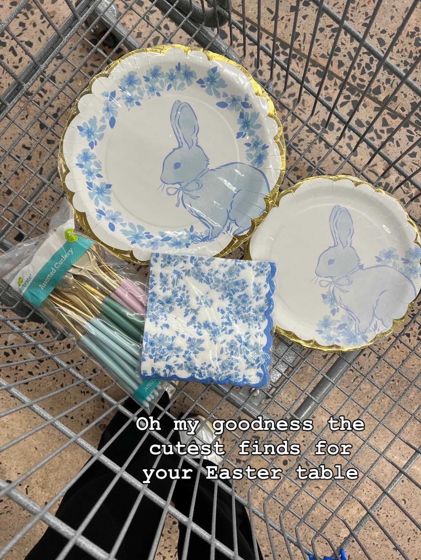 Spring bunny rabbit paper plates in blue and white, great for Easter and spring occasions! #tablescape entertaining 