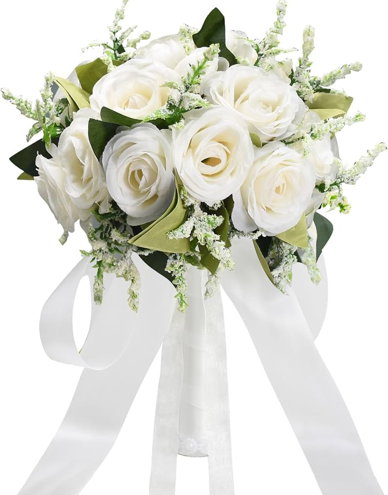 Wedding Bouquets for Bride Bridesmaid Bouquet Ivory Bridal Bouquet Artificial Roses for Wedding C... | Amazon (US)