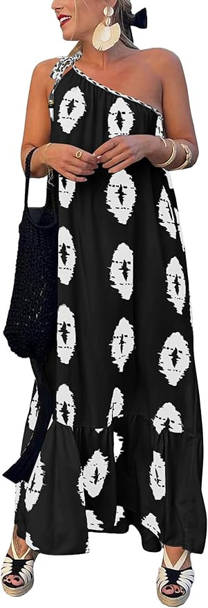 PRETTYGARDEN Womens One Shoulder Spaghetti Strap Printed A Line Flowy Boho Maxi Long Sundress | Amazon (US)