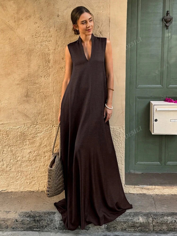 V-Neck A-Line Long Dress, Minimalist & Fashionable, Suitable For Summer | SHEIN