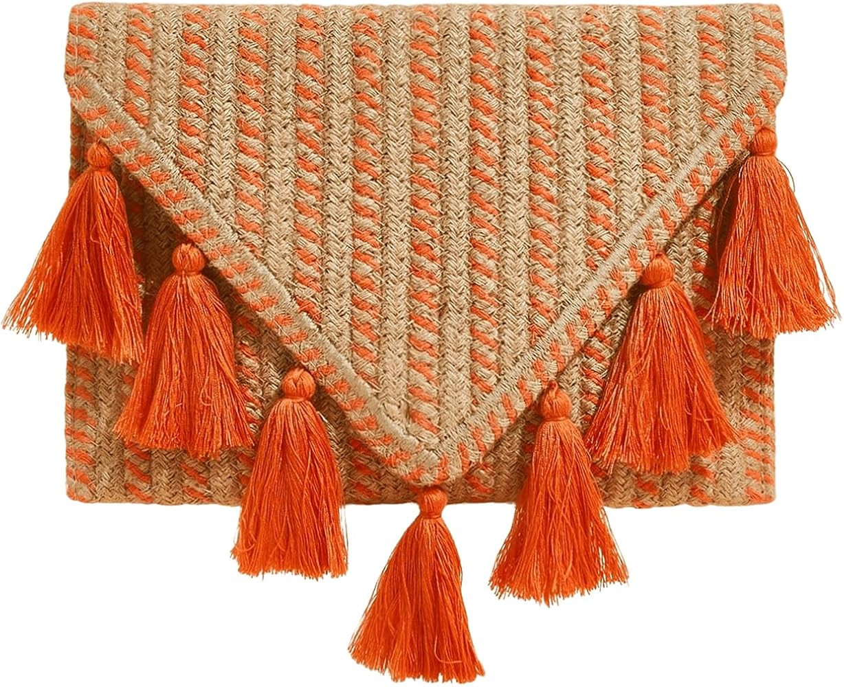 GORGLITTER Women's Bohemian Straw Clutch Handbags Envelope Handbags Purse with Fringe | Amazon (US)