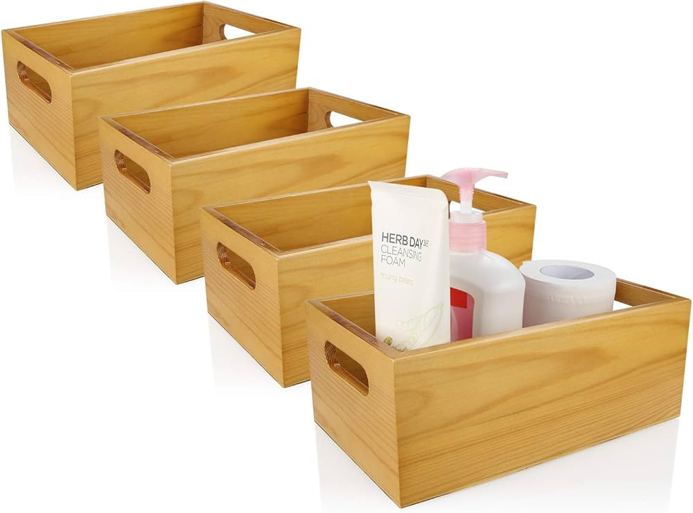 A Selected Pine Wood Organizer Open Box 4 Packs, 6x10 Wooden Storage Container with Handle for Ba... | Amazon (US)