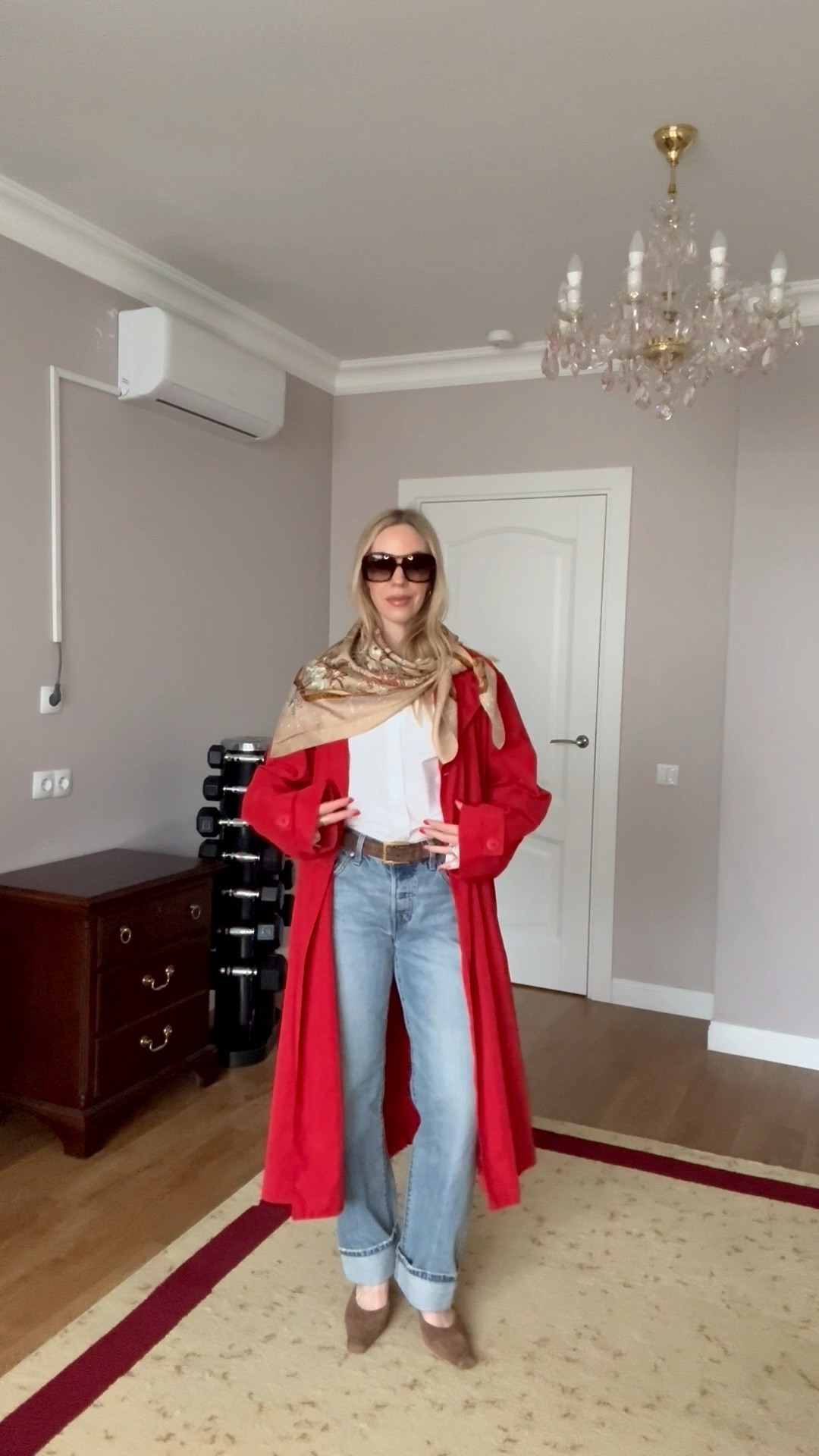 Spring outfit, date night, red trench coat, @levi baggy 90’s jeans, H&M suede mules, silk scarf outfit 

#LTKgrwm #LTKOver40 #LTKSeasonal