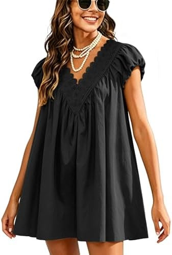 Womens Babydoll Mini Short Dress V Neck Puff Sleeve A Line Boho Scalloped Loose Beach Sundress wi... | Amazon (US)