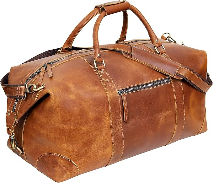 24 Inch Genuine Buffalo Leather Travel Duffle Bag, Overnight Weekend Leather Bag Sports Gym Duffe... | Amazon (US)