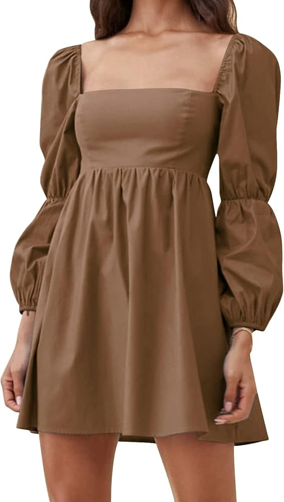 EXLURA Womens Square Neck Dress Long Puff Sleeve A-Line Casual Short Mini Dress | Amazon (US)