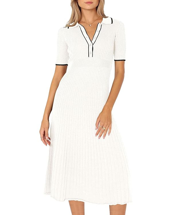 Pink Queen Women's Polo V Neck Short Sleeve Elegant High Waisted Bodycon Ribbed Swing Knit Midi D... | Amazon (US)