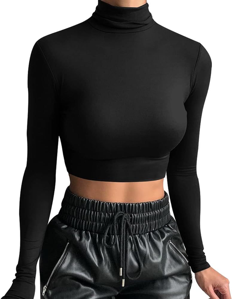 LCNBA Women's Long Sleeve Crop Top Turtleneck Sexy Basic Cropped Tops Shirt | Amazon (US)