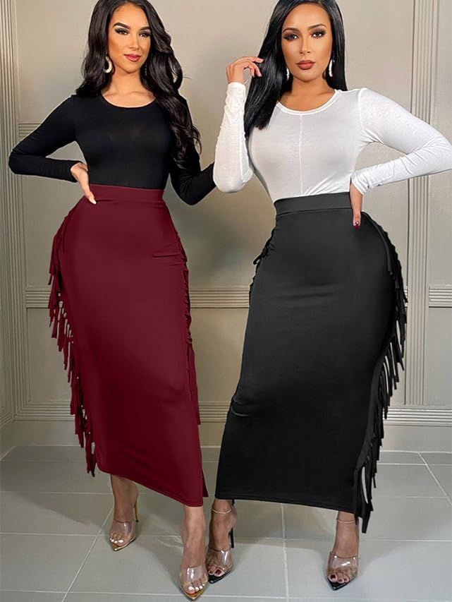 Lrady Women's Elastic Waist Slim Bodycon Side Tassels Long Maxi Pencil Skirts | Amazon (US)