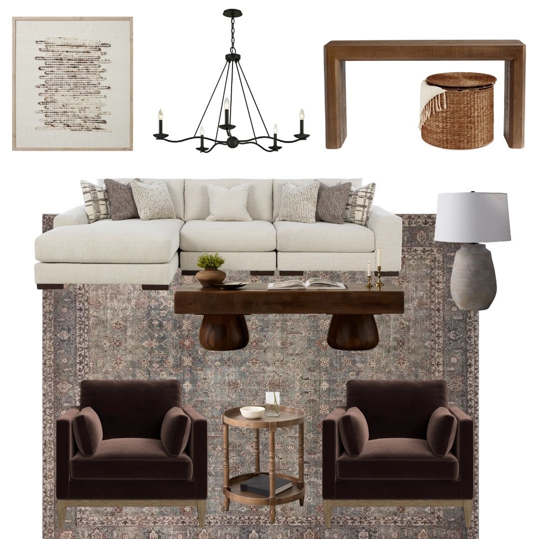 Earthy and cozy living room update
Sofa with chaise, coffee table, console table, cloudpile rug, chandelier, velvet chairs 

#LTKHome