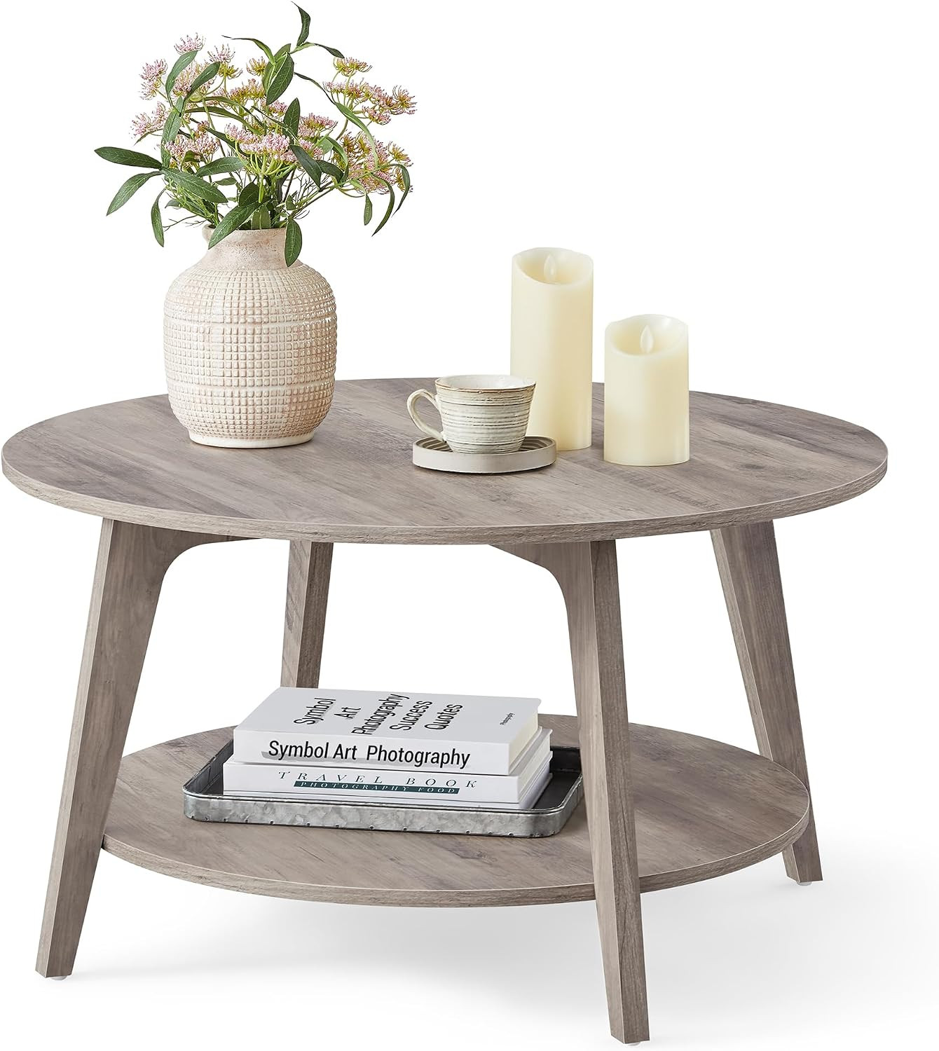 VASAGLE Round Coffee Table, 2-Tier Center Table with Storage, Tapered Legs | Amazon (US)
