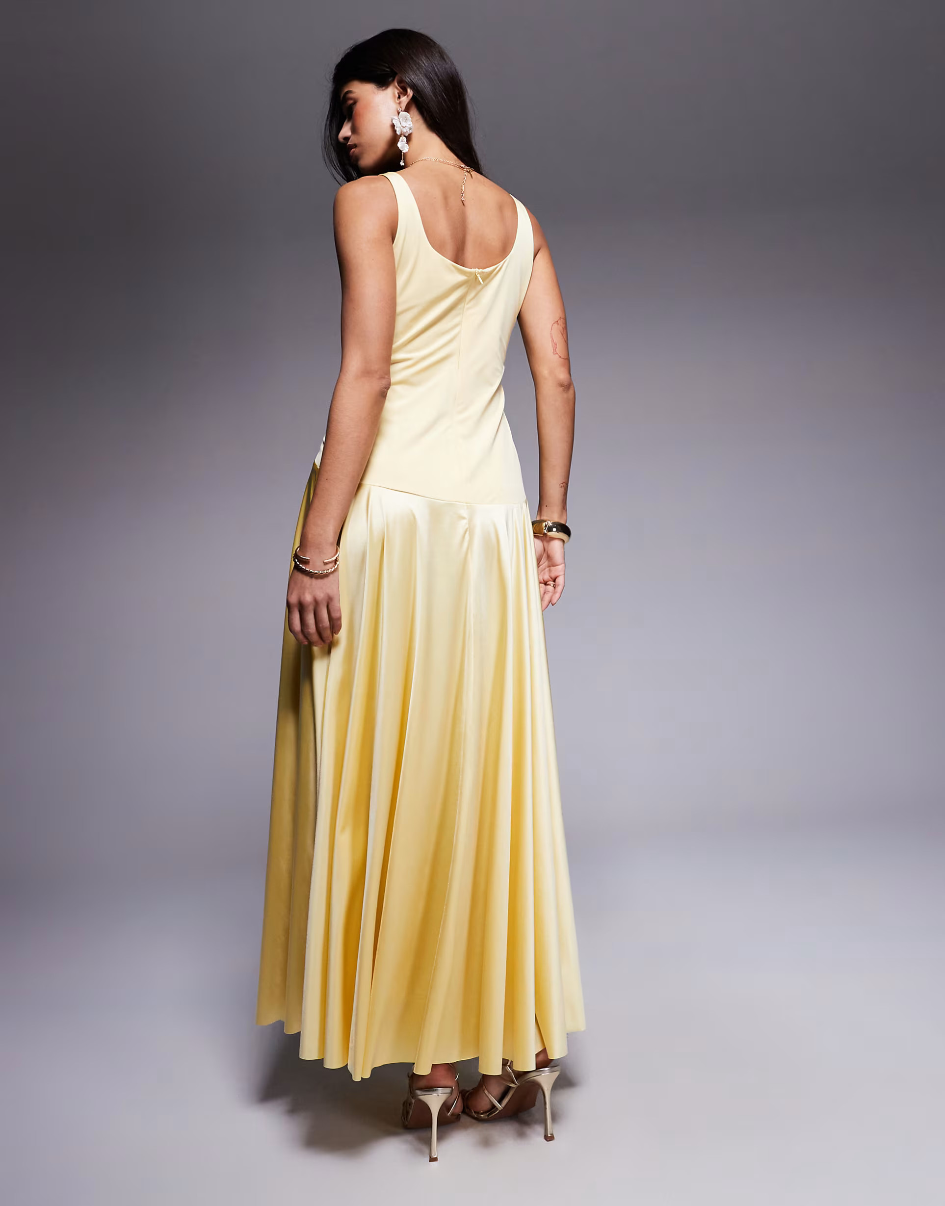 Rare London satin scoop neck dropped waist maxi dress in yellow | ASOS (Global)