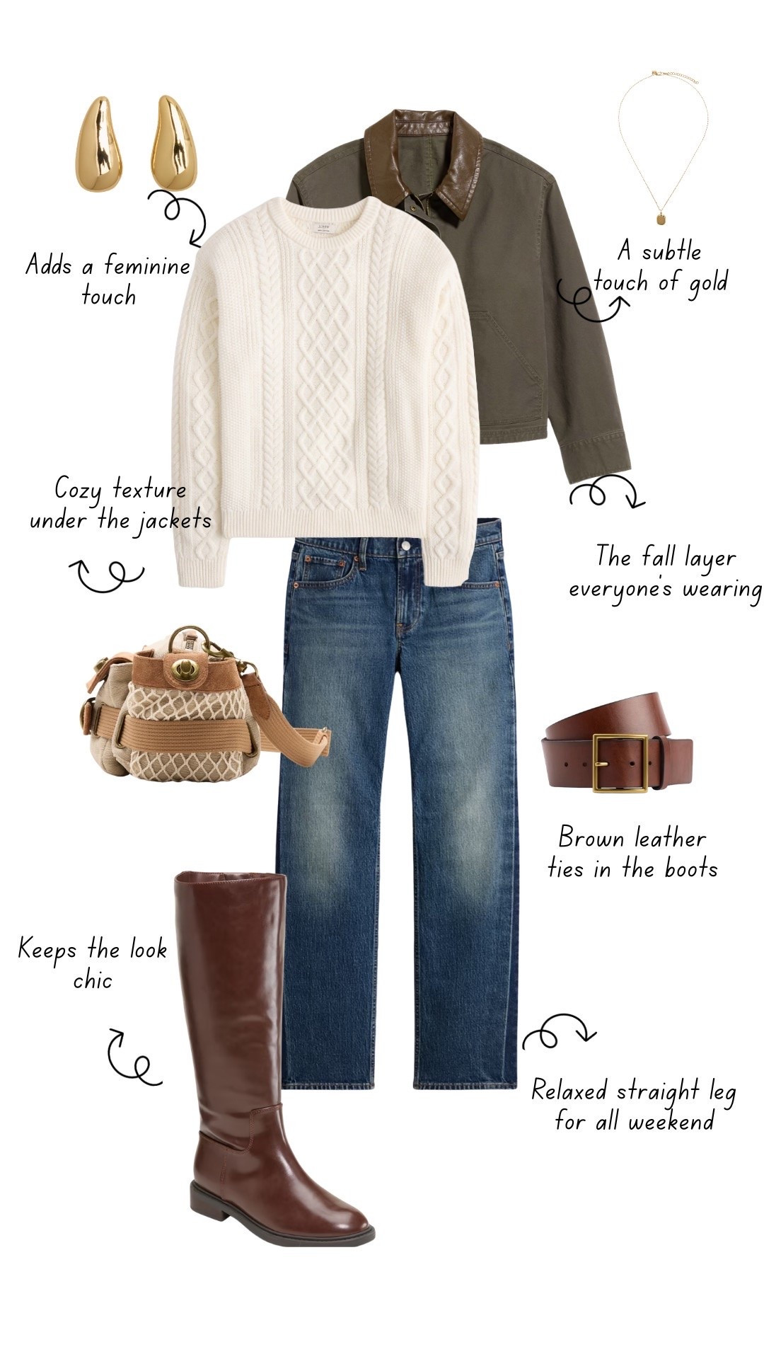 A cozy knit and a little olive! 🤎 Love how the cream cable knit sweater softens this jacket. Paired with relaxed straight leg jeans, brown boots and a matching belt for an easy weekend look. Finished with gold jewelry and a textured bag!

cream cable knit sweater, olive jacket, barn jacket outfit, straight leg jeans, brown knee high boots, brown leather belt, gold earrings, pendant necklace, casual fall outfit, weekend outfit ideas

#LTKgrwm #LTKootd #LTKSeasonal