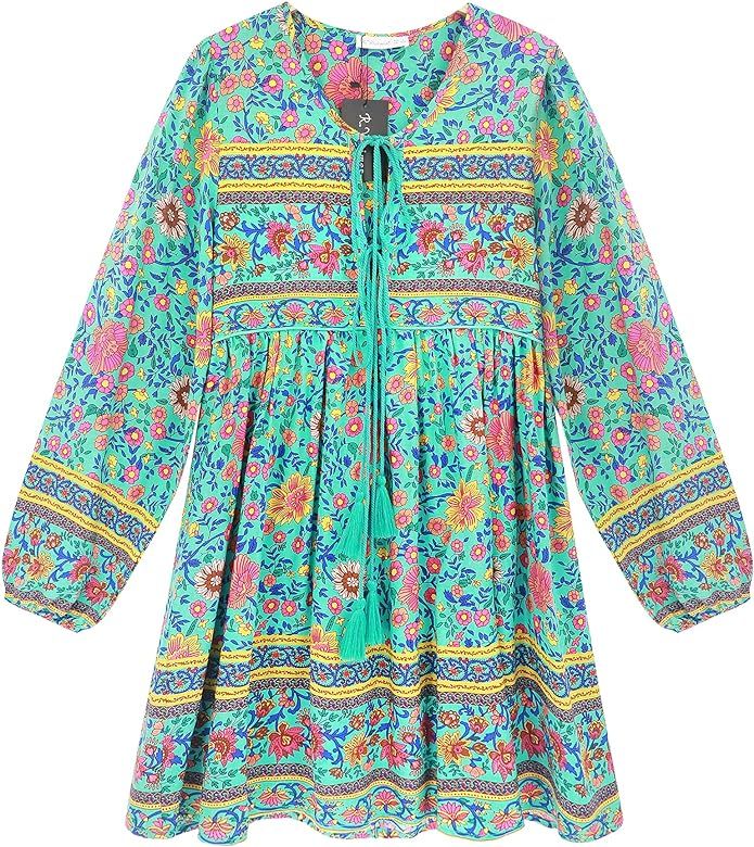 Amazon.com: R.Vivimos Womens Long Sleeve Floral Casual Print Cotton Mini Tunic Dress (CadetBlue, ... | Amazon (US)
