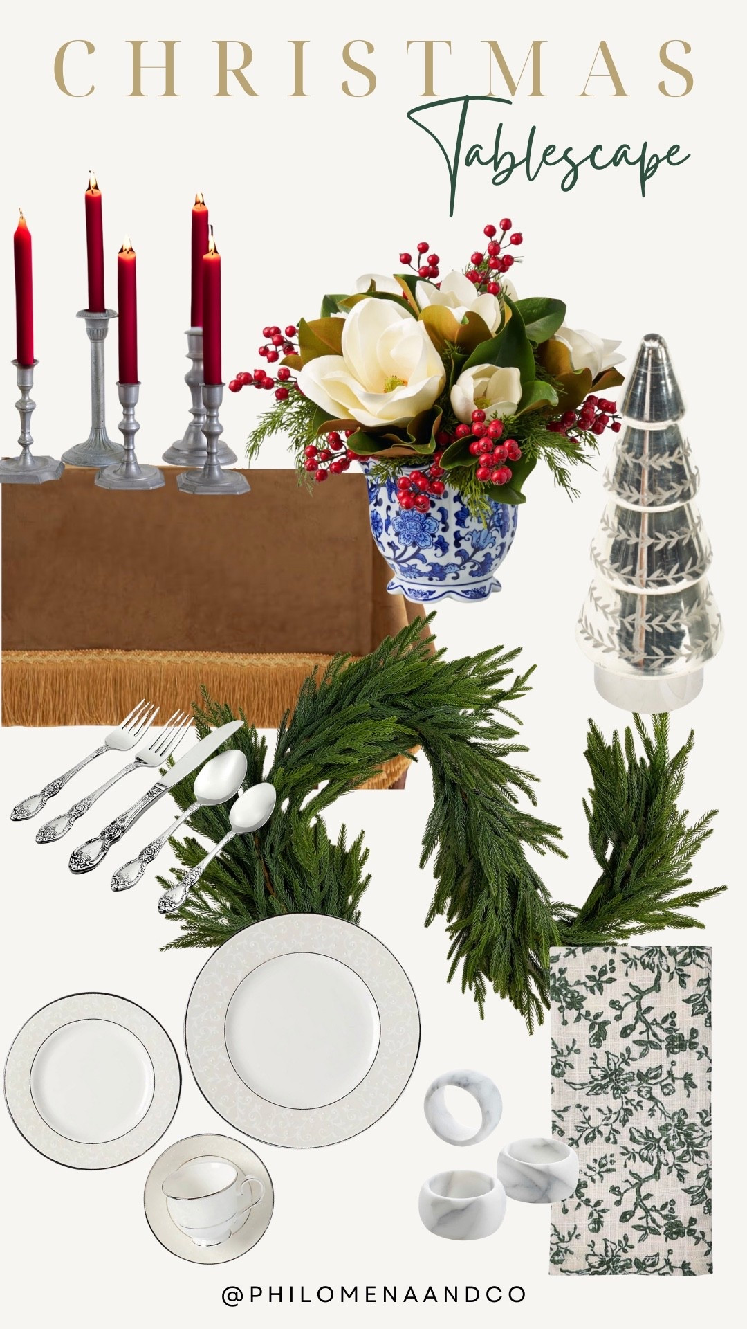✨ Christmas Tablescape Inspiration ✨
Creating a holiday table that feels warm, elegant, and inviting is all about mixing textures, timeless pieces, and a few statement details. This moodboard blends classic greenery, rich candlelight, chinoiserie blue, and soft neutrals for a look that feels elevated yet effortless.

From marble napkin rings to heirloom-style dinnerware and magnolia floral arrangements—every piece works together to create a festive, welcoming space your guests will love. Tap to shop the full look and recreate this tablescape at home. 🎄🤍

Christmas tablescape, Christmas decor, garland, Norfolk garland, Christmas arrangement, Christmas table decor

#LTKSeasonal #LTKHome #LTKHoliday