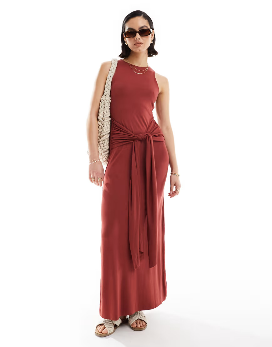ASOS DESIGN maxi dress with drape tie front in red | ASOS (Global)