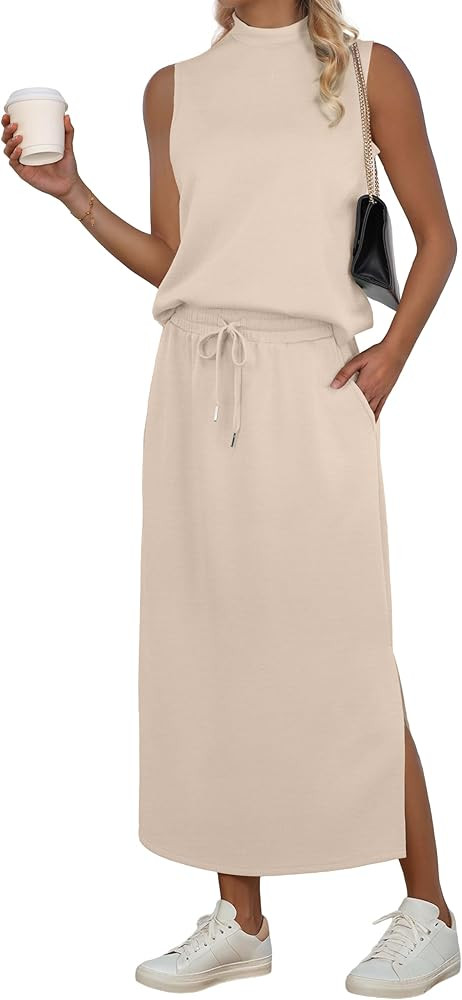 GRECERELLE Two Piece Skirt Sets for Women Sleeveless Mock Neck Top Split Maxi Skirt Vacation Trav... | Amazon (US)