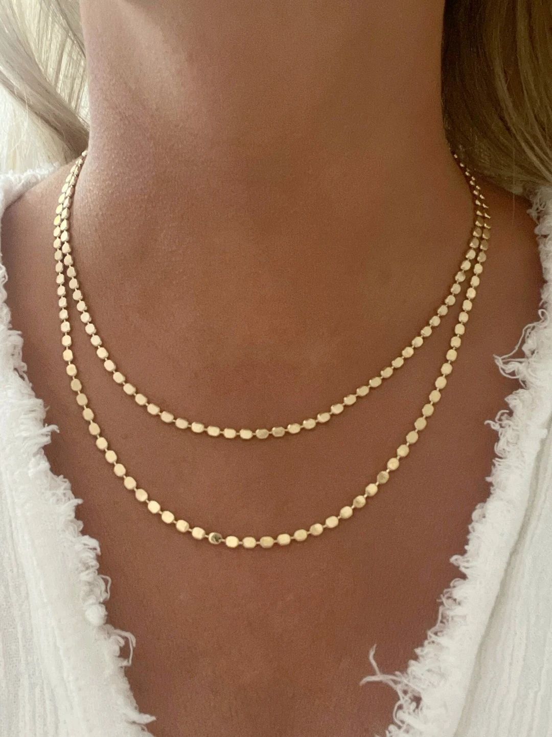 18k Gold Filled Chain Necklace Flat Bead Chain Gold Bead - Etsy | Etsy (US)
