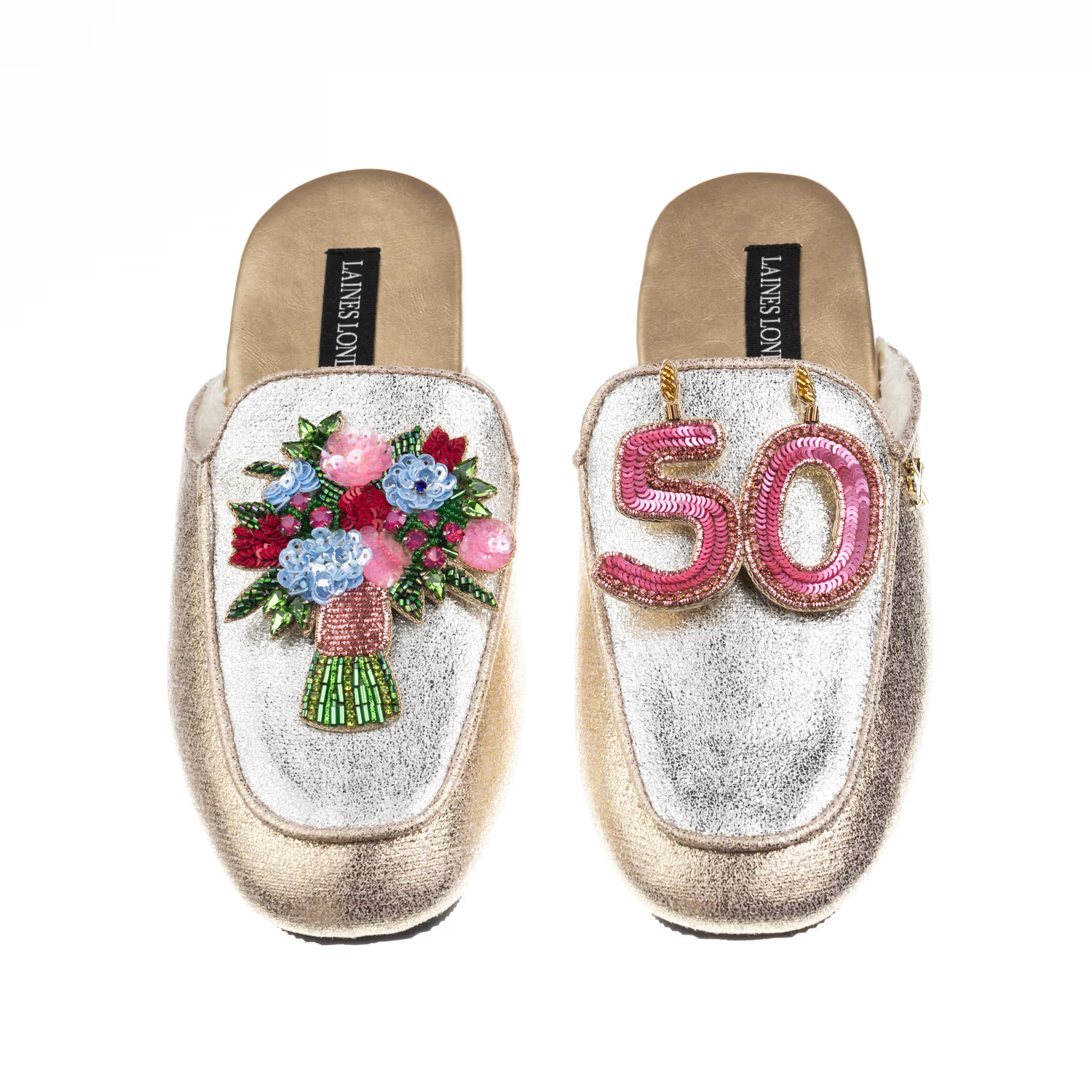 Classic Mules With 50Th Birthday & Flowers Brooches - Silver & Gold | Wolf & Badger