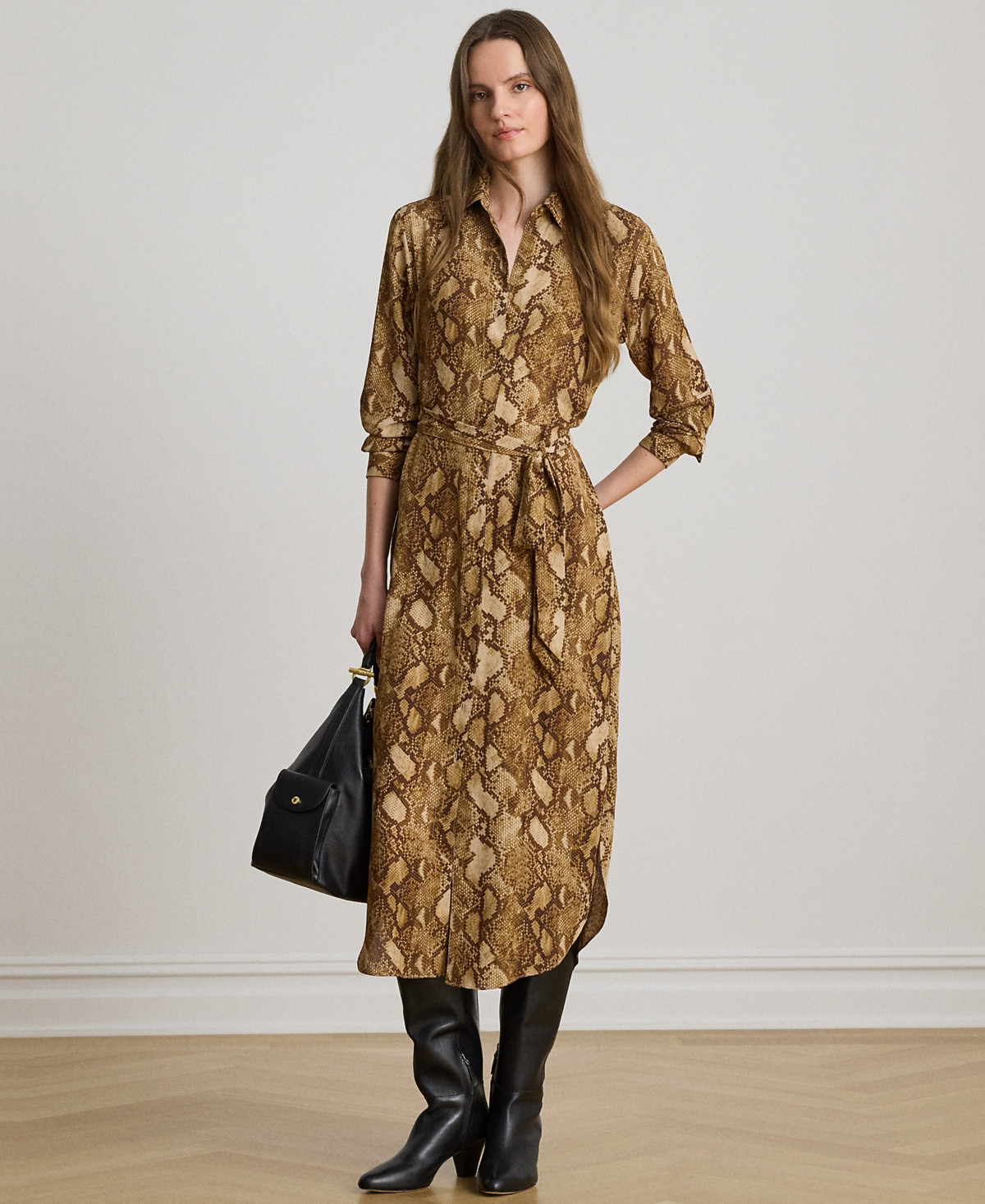 Lauren Ralph Lauren Petite Collared Belted Shirt Dress - Tan Multi | Macy's