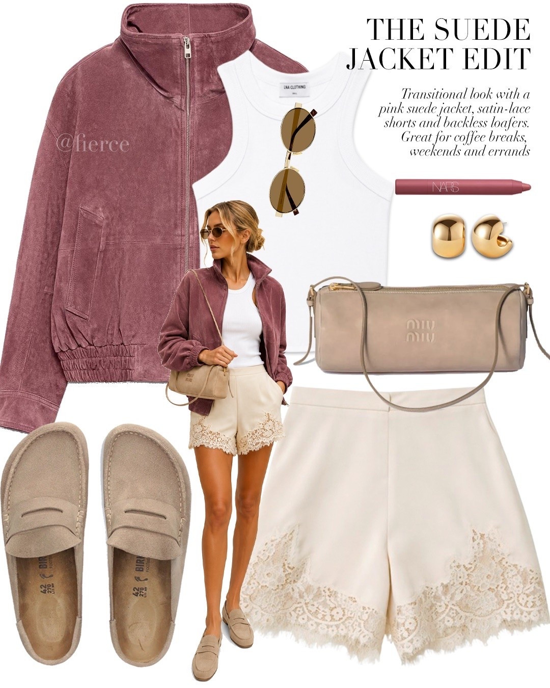 Satin lace shorts pink suede jacket suede backless loafers Miu Miu  mini shoulder bag casual weekend look

#LTKsummer #LTKautumn #LTKeurope