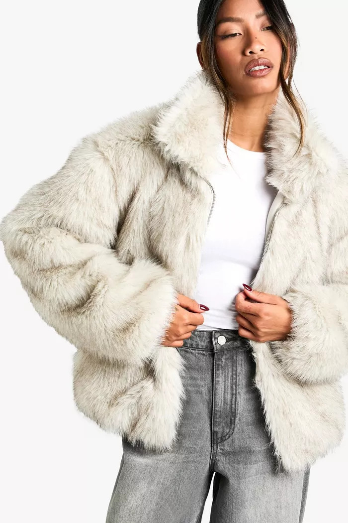 Vintage Look Faux Fur Funnel Neck Jacket | boohoo (US & Canada)