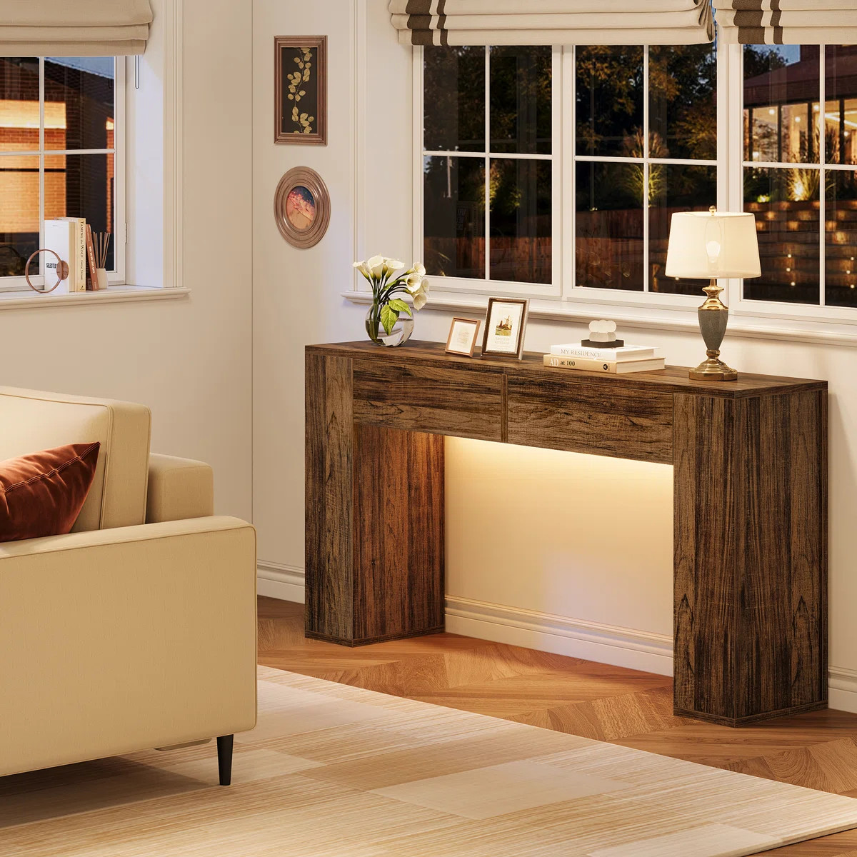 Diyanna 55.12''W Farmhouse Console Table with 2 Drawers & LED Light | Wayfair North America