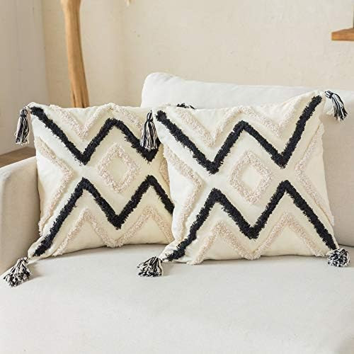 Woven Tufted Boho Throw Pillow Cover Set of 2, Modern Decorative Geometric Chevron Striped Cushio... | Amazon (US)