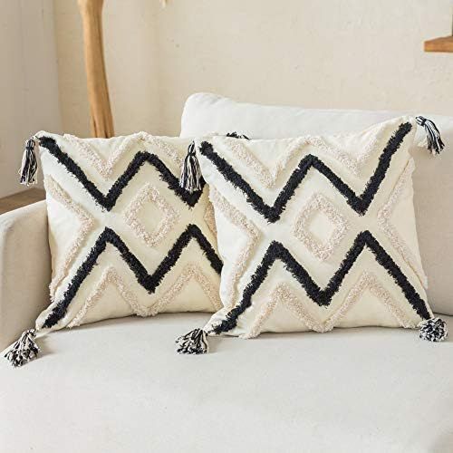Woven Tufted Boho Throw Pillow Cover Set of 2, Modern Decorative Geometric Chevron Striped Cushio... | Amazon (US)