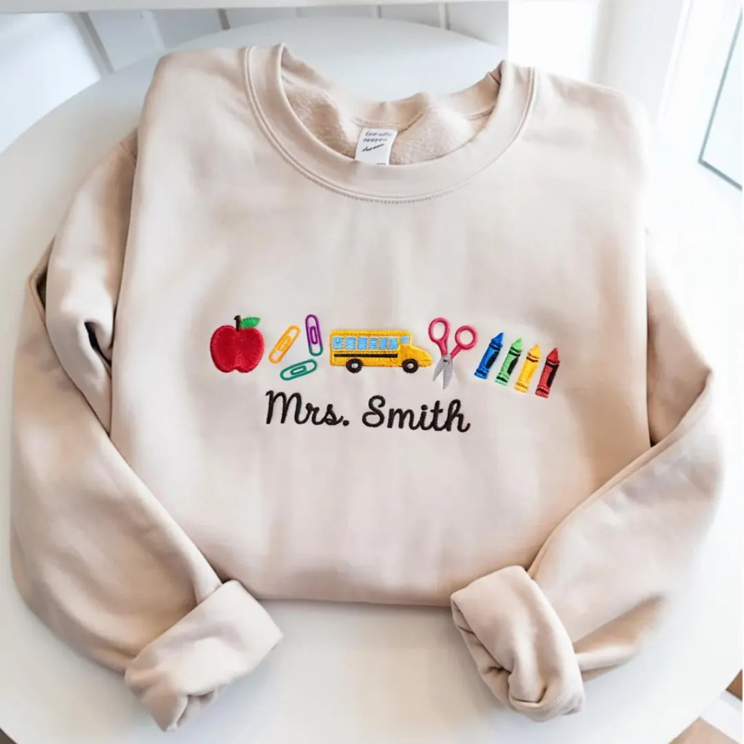 Embroidered Teacher Icons With Custom Name Sweatshirt, Teacher Appreciation Gift, Crayon Teacher,... | Etsy (US)