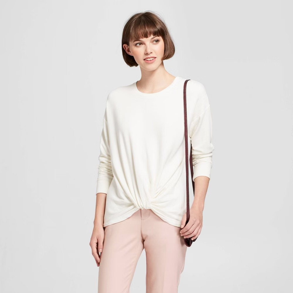 Women's Long Sleeve Front Knot Top - A New Day White M, Size: Small | Target