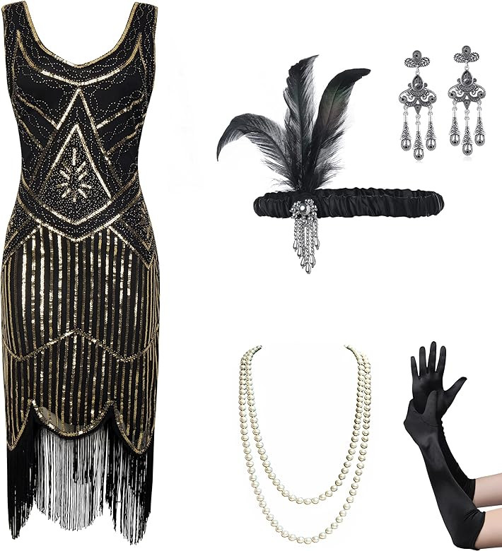 Coucoland Womens 1920s Flapper Sequin Beads Dress with Roaring 20s Gatsby Accessories Set for Par... | Amazon (US)