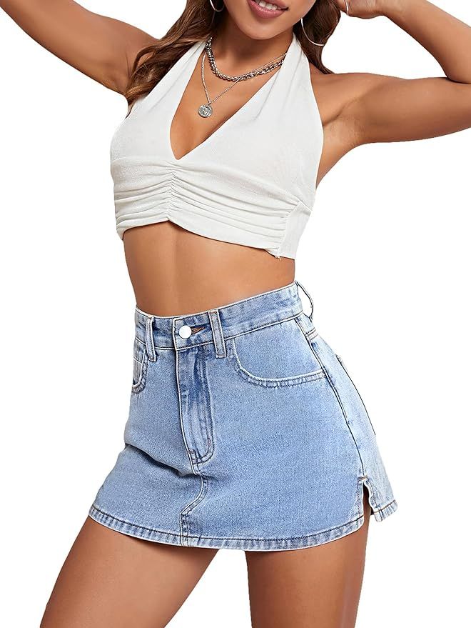 Floerns Women's High Waist Zipper Button Denim Shorts Jean Skort with Pockets | Amazon (US)