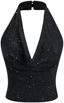 SOLY HUX Women's Halter Top Sparkly Sexy Backless Party Crop Tops Club Rave Festival Outfits Blac... | Amazon (US)