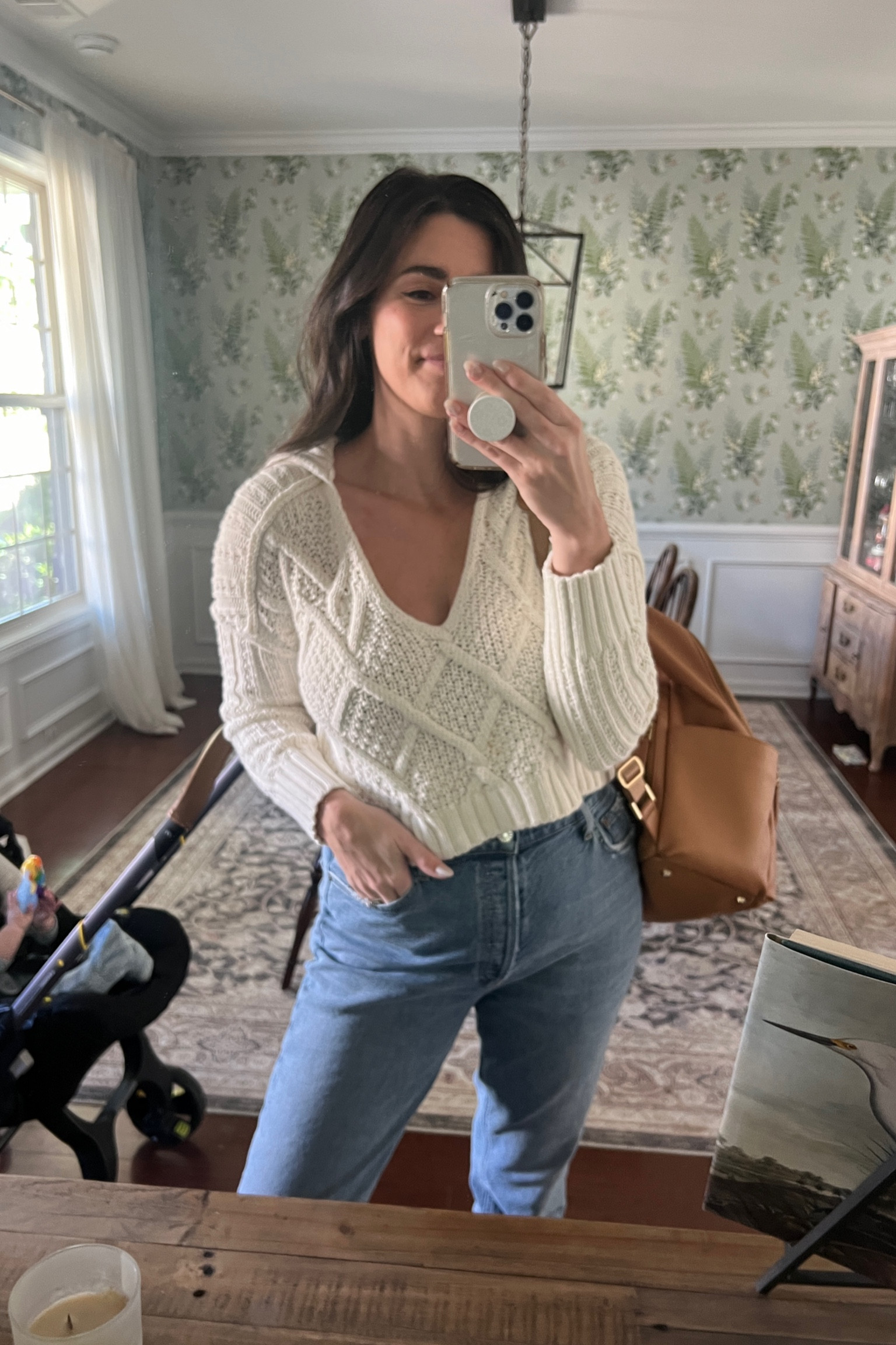 White sweater agolde jeans straight leg light wash jeans 

#LTKxMadewell #LTKSeasonal