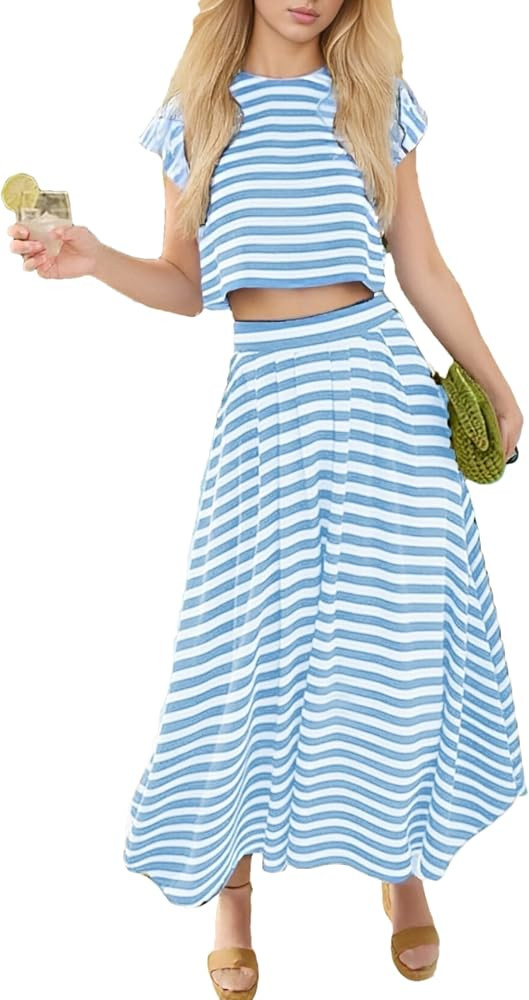 Womens 2 Piece Skirts Sets Striped Cap Sleeve Cropped Tops Elastic Waist Midi Dress Lounge Travel... | Amazon (US)