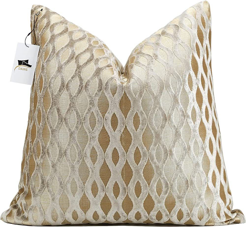 Dains 22x22 Decorative Throw Pillow Cover, Ivory Gold, Velvet Textured Square Cushion Case with L... | Amazon (US)