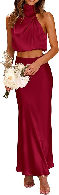 PRETTYGARDEN Women's 2 Piece Satin Outfits Summer Sleeveless Mock Neck Crop Tops and Long Skirt D... | Amazon (US)