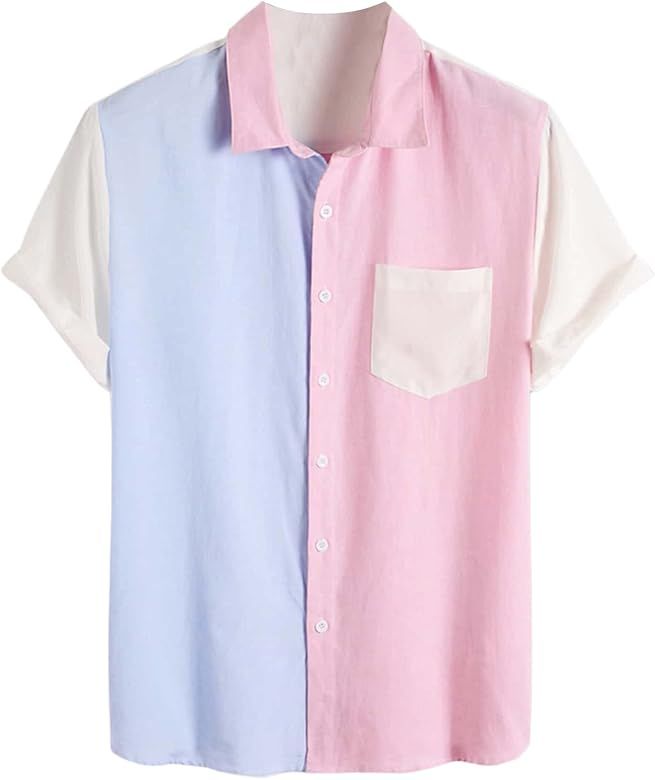 WDIRARA Men's Colorblock Button Down Short Sleeve Pocket Front Shirt Tops | Amazon (US)