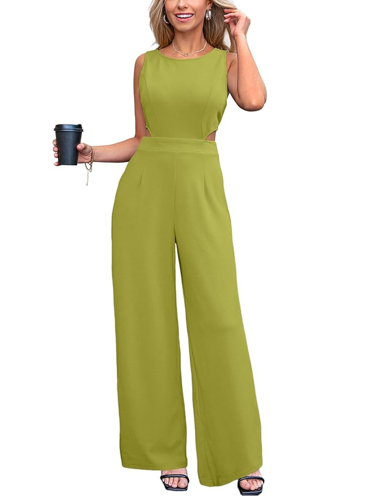 CUPSHE Women's Romper Sleeveless Crew Neck Waist Cutout Wide Leg Maxi Jumpsuit Outfit Casual Dres... | Amazon (US)