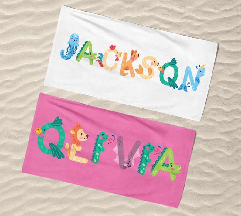 Personalized Kids Beach Towel: Striped Cotton-poly Blend, Animal Lettering - Etsy | Etsy (US)