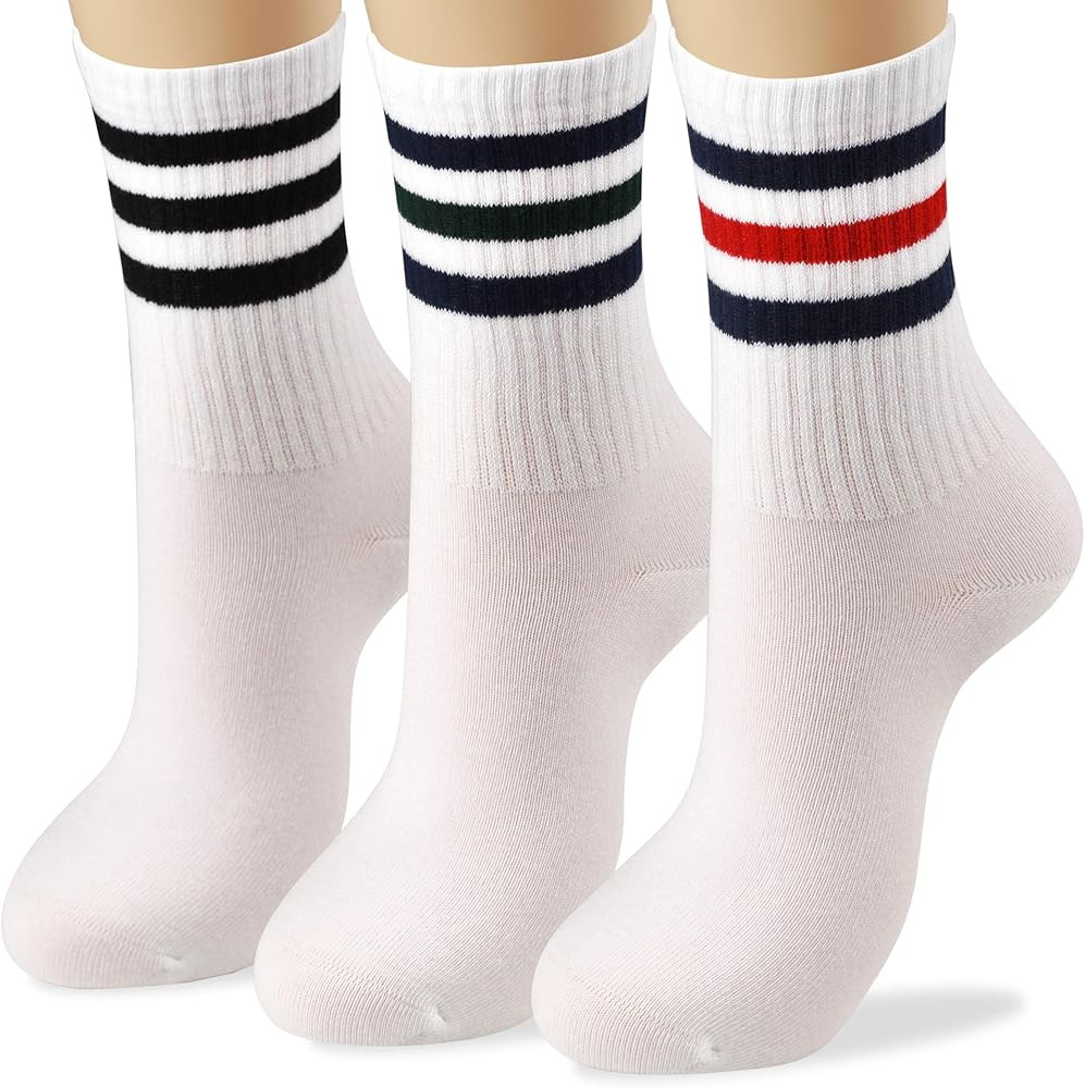 COTTON DAY Womens Soft Cotton White Athletic Crew Socks With Retro Stripes | Amazon (US)