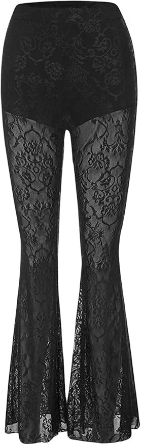 Verdusa Women's Floral Lace Sheer Pants See Through Flare Leg Y2K Pants Bell Bottoms | Amazon (US)