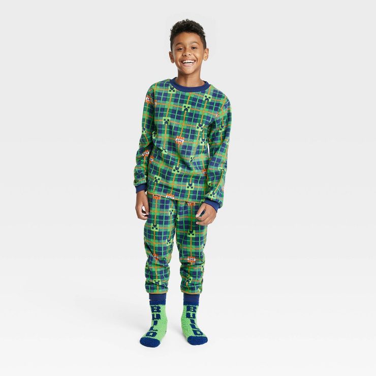 Boys' Minecraft Pajama Set with Cozy Socks - Green | Target