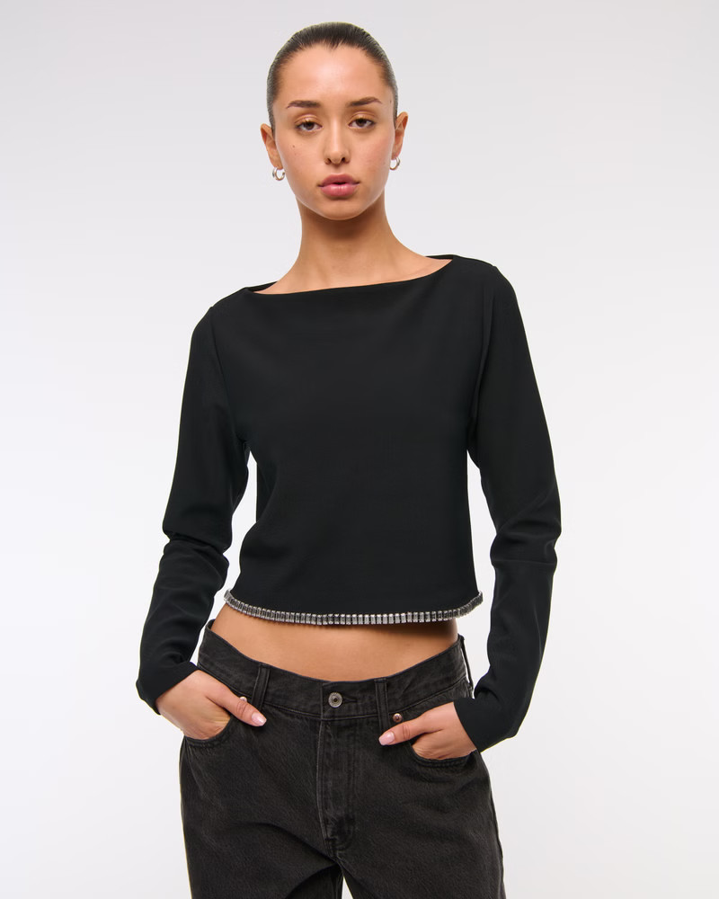 Long-Sleeve Embellished Rhinestone Top | Abercrombie & Fitch (US)