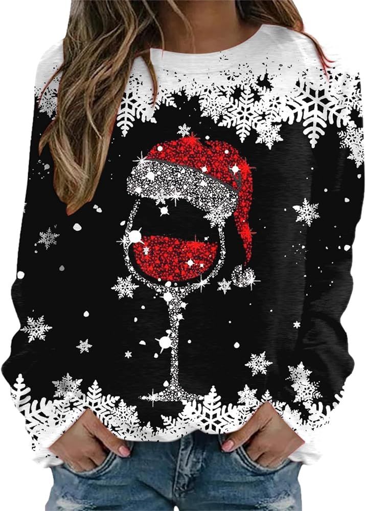 Rvidbe Christmas Sweatshirt for Women Crewneck Funny Red Wine Glass Splicing Plaid Raglan Holiday... | Amazon (US)